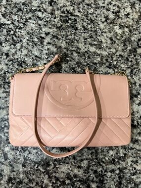Tory Burch Blush Quilted Leather Shoulder Bag with Gold Chain Detail